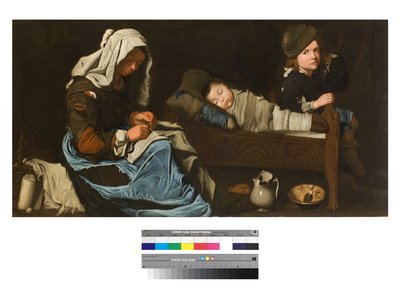 Moeder naaiend met twee kinderen, 1670-1700 door Unbekannt Unbekannt